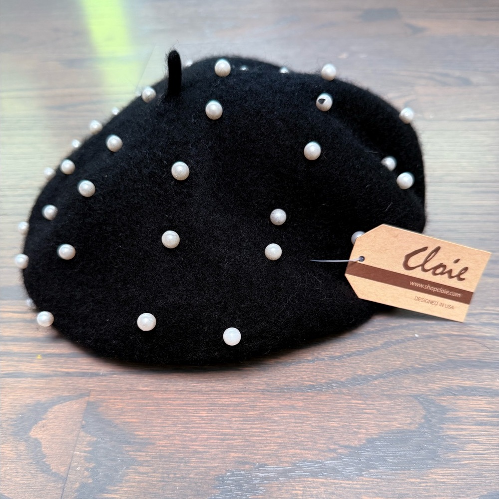 Cute Black Beret with Pearl Accents